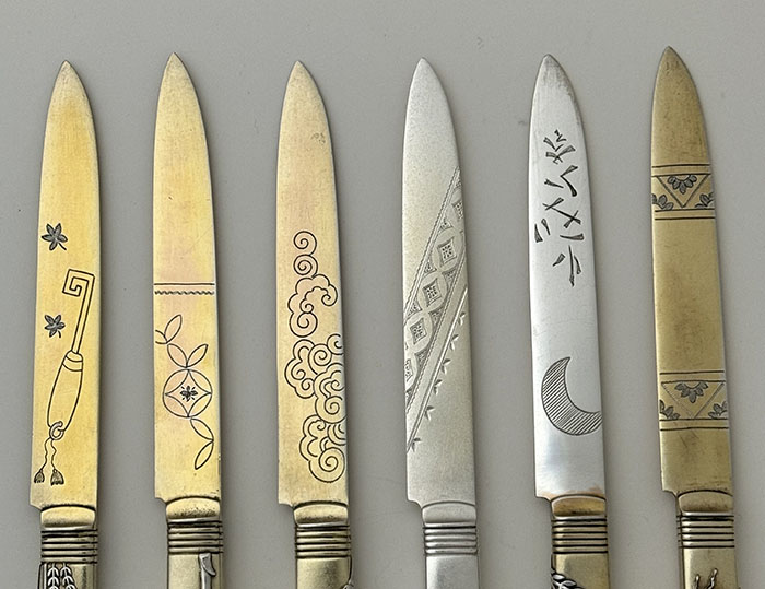 blades engraved with Japonesque design Tiffany applied assembled set of six knives